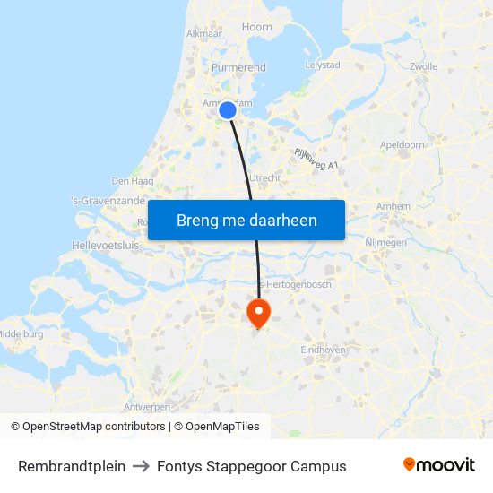 Rembrandtplein to Fontys Stappegoor Campus map