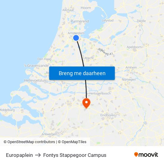 Europaplein to Fontys Stappegoor Campus map