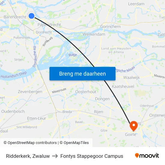 Ridderkerk, Zwaluw to Fontys Stappegoor Campus map