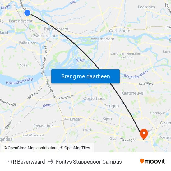 P+R Beverwaard to Fontys Stappegoor Campus map