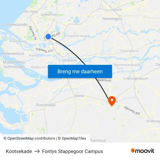Kootsekade to Fontys Stappegoor Campus map