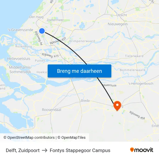 Delft, Zuidpoort to Fontys Stappegoor Campus map