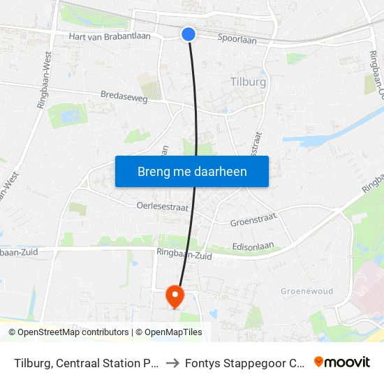 Tilburg, Centraal Station Perron B to Fontys Stappegoor Campus map