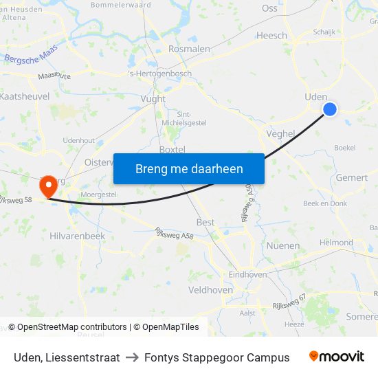 Uden, Liessentstraat to Fontys Stappegoor Campus map