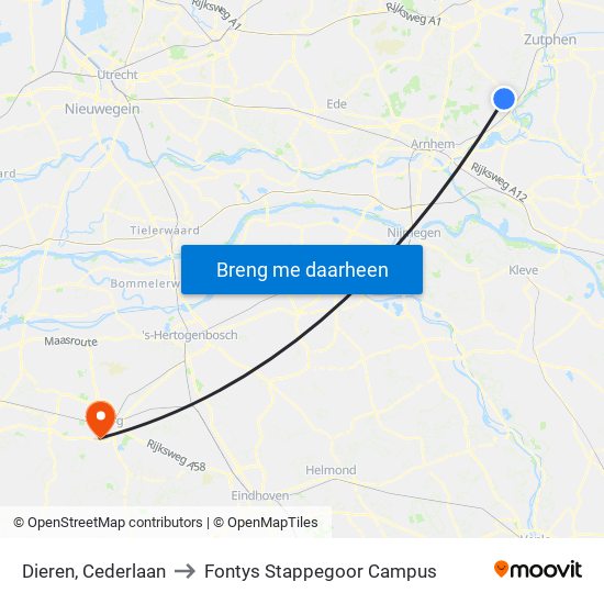 Dieren, Cederlaan to Fontys Stappegoor Campus map