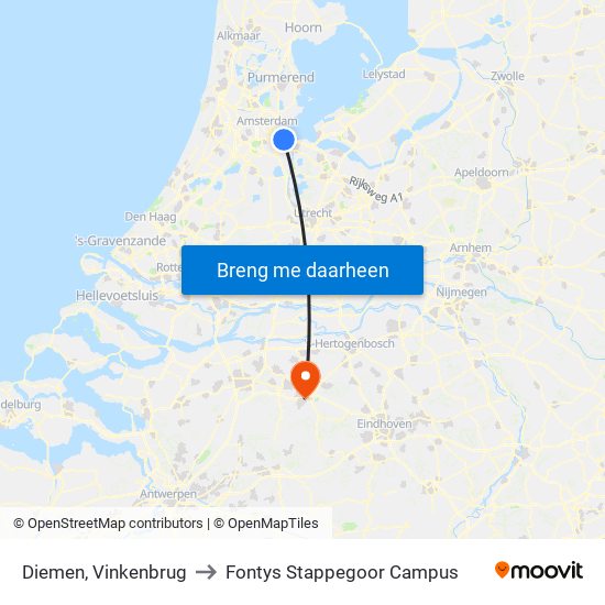 Diemen, Vinkenbrug to Fontys Stappegoor Campus map