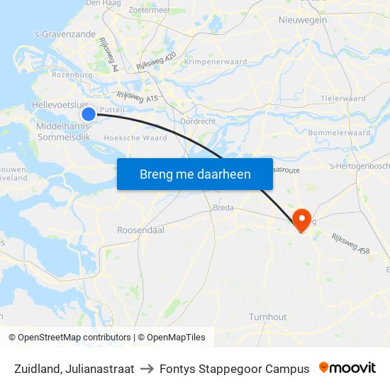 Zuidland, Julianastraat to Fontys Stappegoor Campus map