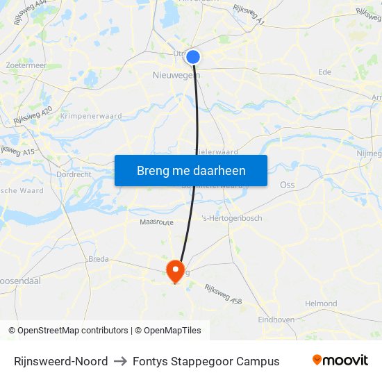 Rijnsweerd-Noord to Fontys Stappegoor Campus map