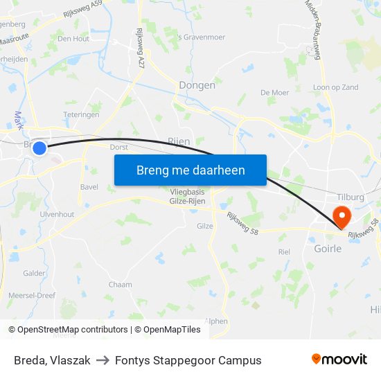 Breda, Vlaszak to Fontys Stappegoor Campus map