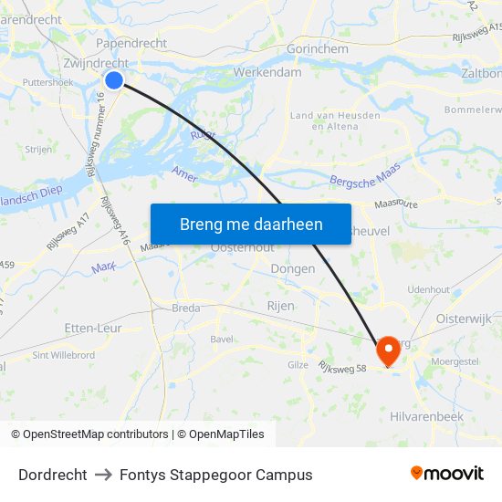 Dordrecht to Fontys Stappegoor Campus map