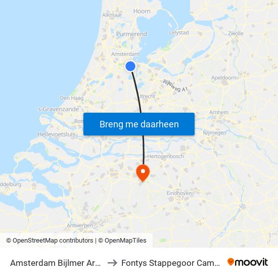 Amsterdam Bijlmer Arena to Fontys Stappegoor Campus map