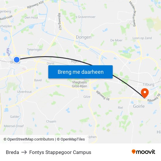 Breda to Fontys Stappegoor Campus map