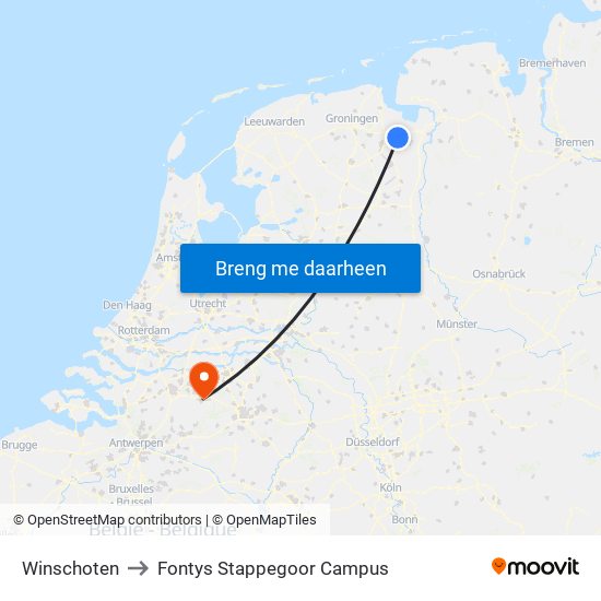 Winschoten to Fontys Stappegoor Campus map