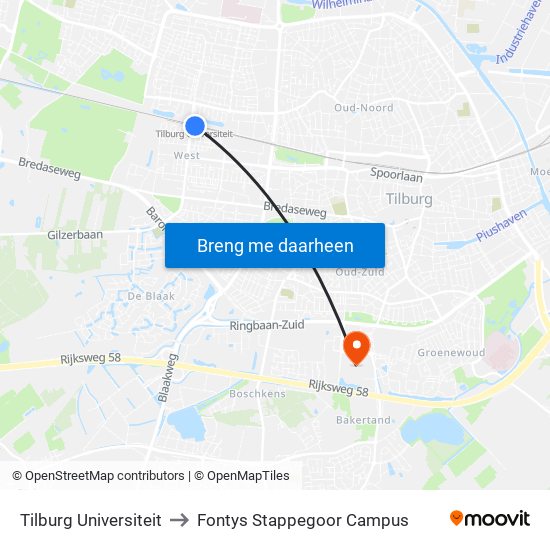 Tilburg Universiteit to Fontys Stappegoor Campus map