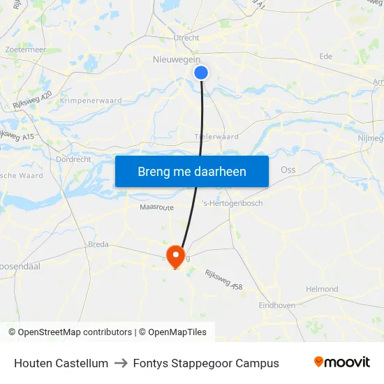 Houten Castellum to Fontys Stappegoor Campus map