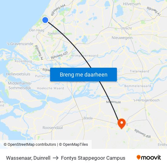 Wassenaar, Duinrell to Fontys Stappegoor Campus map