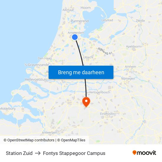 Station Zuid to Fontys Stappegoor Campus map