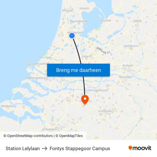 Station Lelylaan to Fontys Stappegoor Campus map