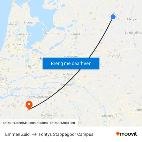 Emmen Zuid to Fontys Stappegoor Campus map