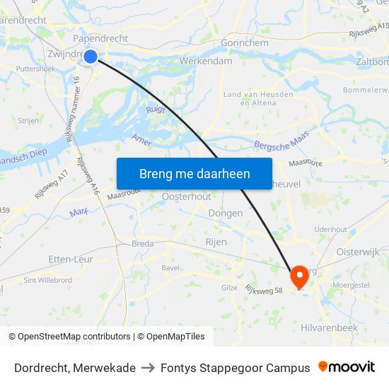 Dordrecht, Merwekade to Fontys Stappegoor Campus map