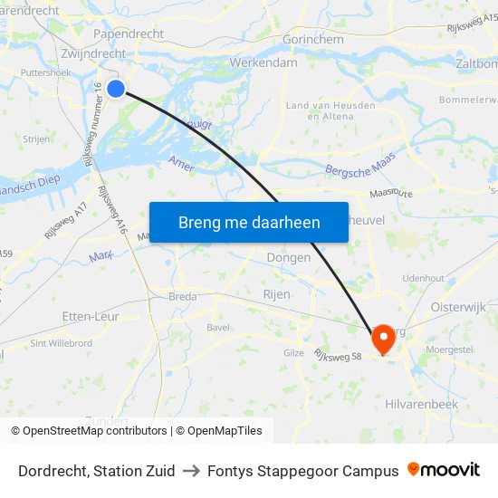 Dordrecht, Station Zuid to Fontys Stappegoor Campus map