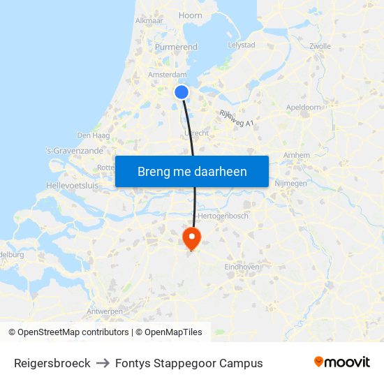 Reigersbroeck to Fontys Stappegoor Campus map