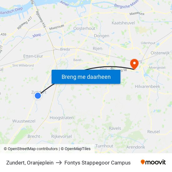 Zundert, Oranjeplein to Fontys Stappegoor Campus map