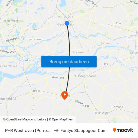 P+R Westraven (Perron B) to Fontys Stappegoor Campus map