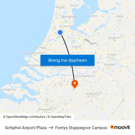 Schiphol Airport/Plaza to Fontys Stappegoor Campus map