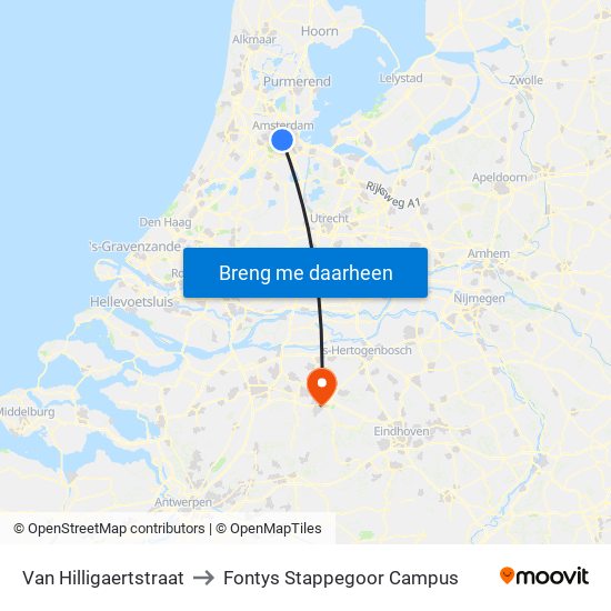 Van Hilligaertstraat to Fontys Stappegoor Campus map