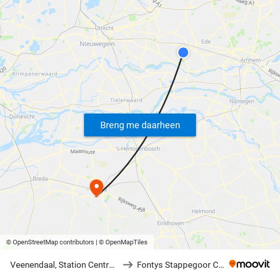 Veenendaal, Station Centrum/Plein to Fontys Stappegoor Campus map