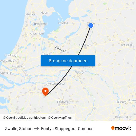 Zwolle, Station to Fontys Stappegoor Campus map