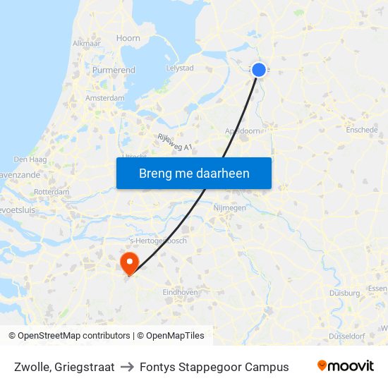 Zwolle, Griegstraat to Fontys Stappegoor Campus map