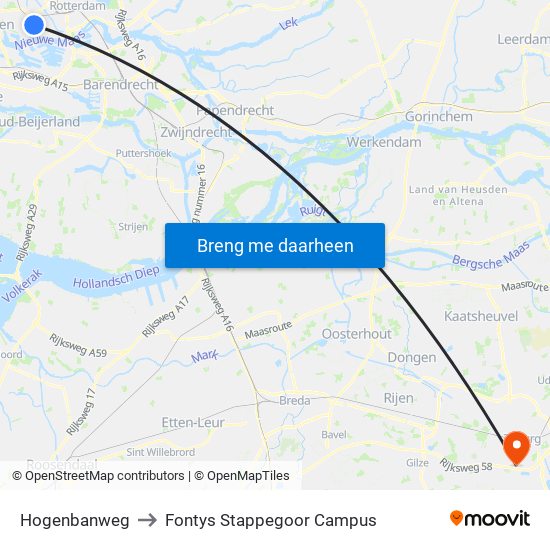 Hogenbanweg to Fontys Stappegoor Campus map
