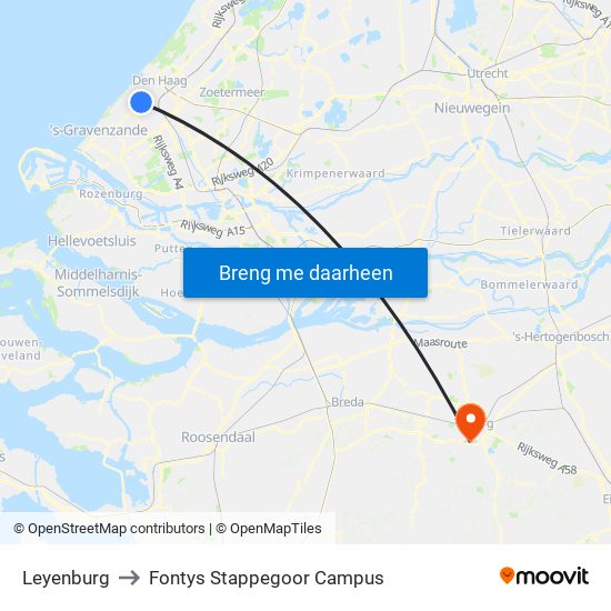 Leyenburg to Fontys Stappegoor Campus map