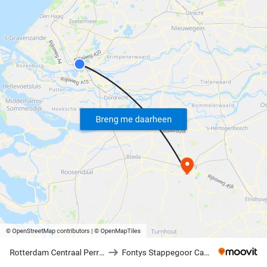Rotterdam Centraal Perron D to Fontys Stappegoor Campus map