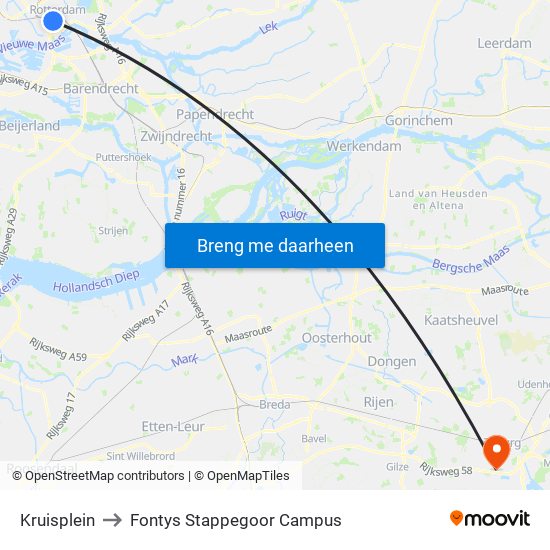 Kruisplein to Fontys Stappegoor Campus map