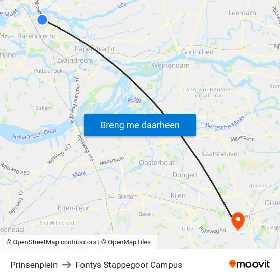 Prinsenplein to Fontys Stappegoor Campus map