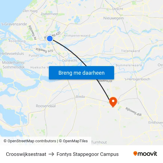 Crooswijksestraat to Fontys Stappegoor Campus map