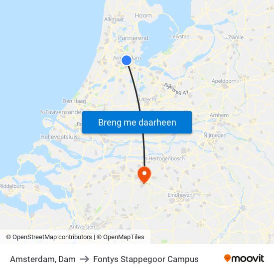 Amsterdam, Dam to Fontys Stappegoor Campus map