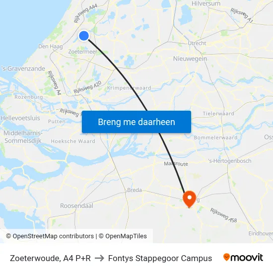 Zoeterwoude, A4 P+R to Fontys Stappegoor Campus map
