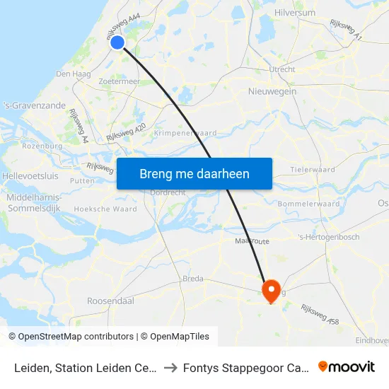 Leiden, Station Leiden Centraal to Fontys Stappegoor Campus map