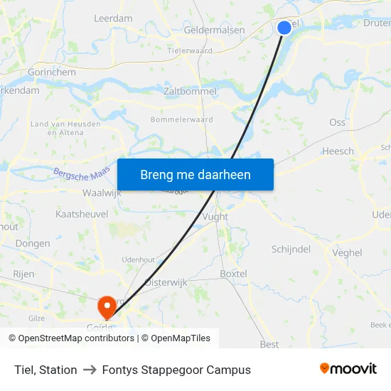Tiel, Station to Fontys Stappegoor Campus map