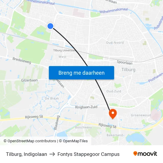 Tilburg, Indigolaan to Fontys Stappegoor Campus map