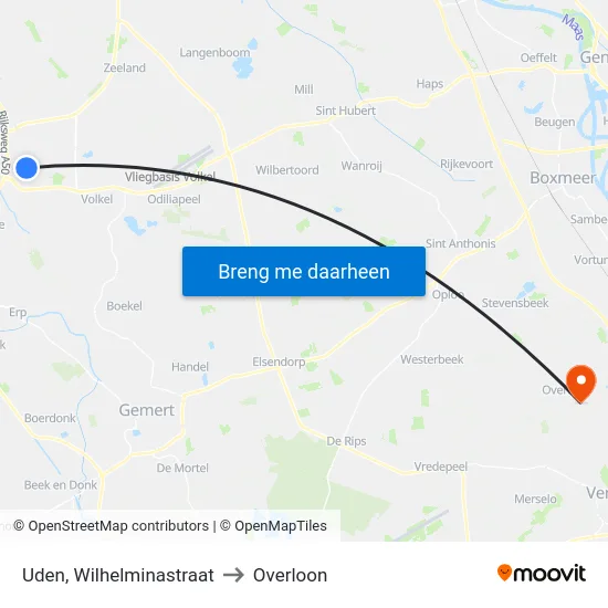 Uden, Wilhelminastraat to Overloon map