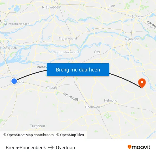 Breda-Prinsenbeek to Overloon map