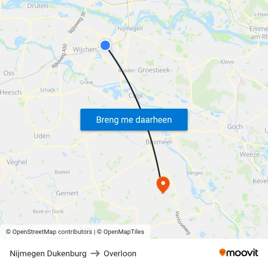 Nijmegen Dukenburg to Overloon map