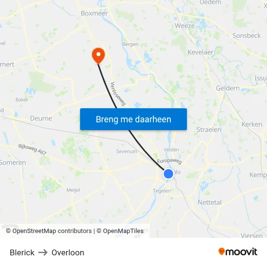 Blerick to Overloon map