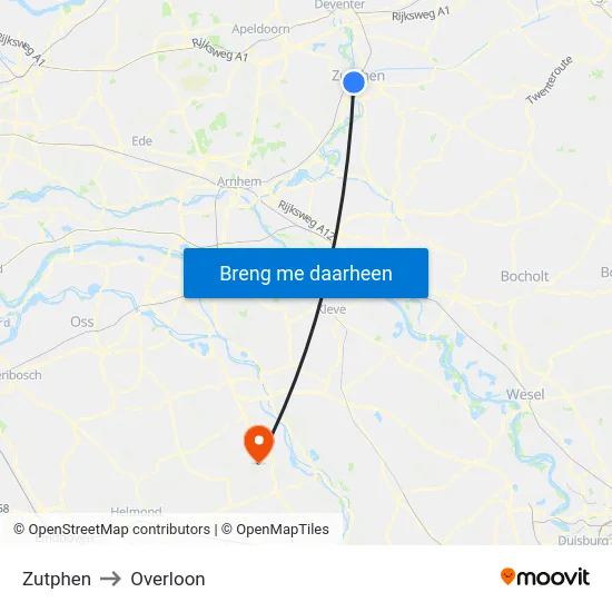 Zutphen to Overloon map