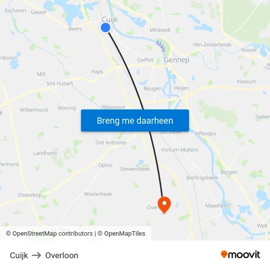 Cuijk to Overloon map